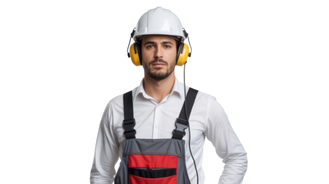 A focused male construction worker wears a white hard hat, yellow ear protection, white shirt, and grey-red overalls, looking forward. background removed