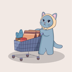 Cute Cat Shopping with Full Cart During Black Friday Sale, Adorable Kitty Buying Groceries and Snacks in a Big Discount Event Illustration