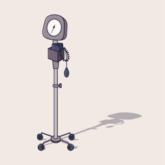 Illustration of a Standing Blood Pressure Monitor on Medical Rolling Stand with Cuff, Bulb Pump, and Gauge for Clinic Checkup and Daily Health Examination