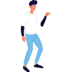 Illustration Of A Man In A White T Shirt And Light Blue Pants Pointing To The Right Side With A Serious Expression On His Face On A Transparent Background