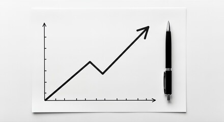 A hand-drawn line graph on white paper displays a clear upward trend, symbolizing business growth and success. A black pen lies beside it, suggesting planning or analysis.