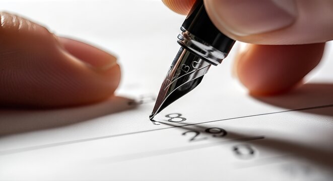 Close-up of a person's hand meticulously writing a date on a planner or calendar with a sophisticated fountain pen. The focus is sharp on the nib and the numbers, conveying precision and planning.