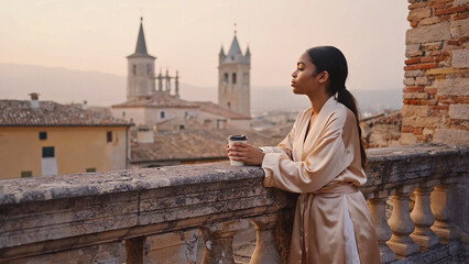 Obraz premium Young woman in satin robe enjoying morning coffee on old stone balcony overlooking historic european rooftops at soft sunrise light