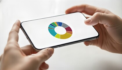 Person's hands hold a modern smartphone horizontally, displaying a vibrant donut chart. The clean, bright image signifies mobile data analysis and digital statistics.