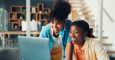 Happy, media agency and women with laptop, internet or online reading with publication. People,...