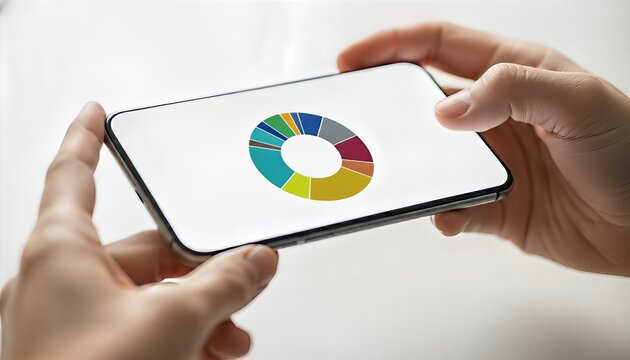Person's hands hold a modern smartphone horizontally, displaying a vibrant donut chart. The clean, bright image signifies mobile data analysis and digital statistics.