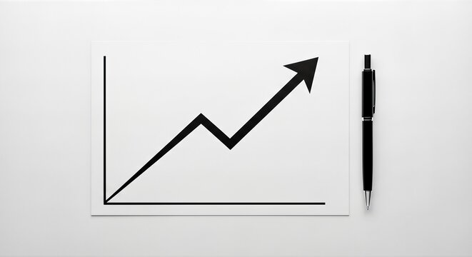 A white sheet of paper features a clear black line graph illustrating an upward trend, next to a sleek black pen, all against a bright white background. Clean, professional composition. - Powered by Adobe