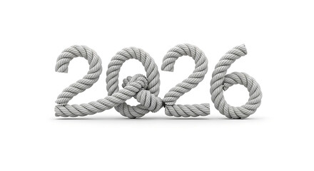 The year 2026 creatively formed from textured rope on a clean white background