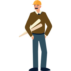 Illustration Of A Moustached Man Wearing Hard Hat And Sweater Holding Blueprints With Hands In Pockets Against White Background