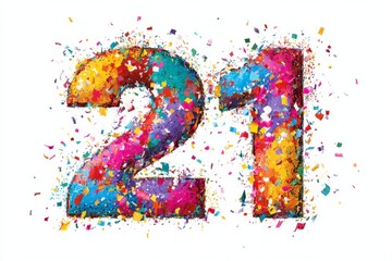 Obraz premium Colorful 21 Number with Bright Confetti Celebration Background