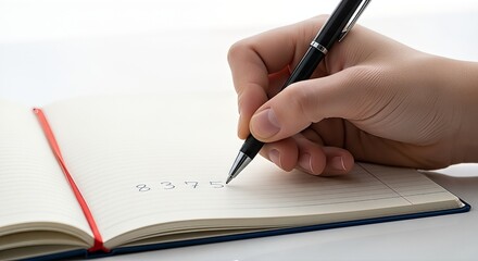 A hand holds a sleek black and silver pen, diligently writing numbers '8 3 7 5' on a lined page of a notebook with a red bookmark. Bright, clean setting.
