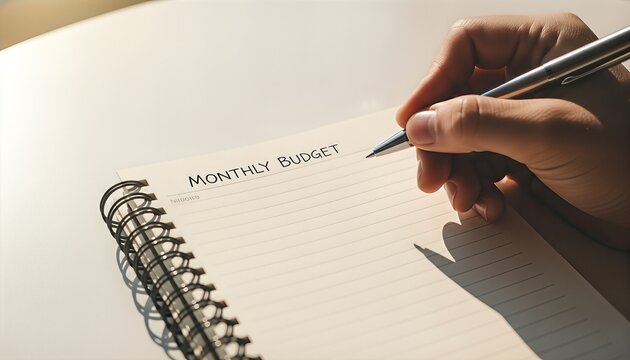 Close-up of a person's hand writing 'MONTHLY BUDGET' in a lined spiral notebook with a pen. Strong natural light casts shadows, creating a focused and organized atmosphere for financial planning. - Powered by Adobe
