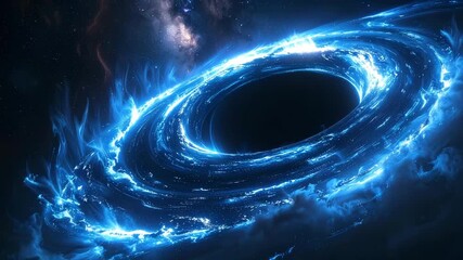 Massive black hole in deep space with a glowing blue accretion disk and swirling energy. - Powered by Adobe