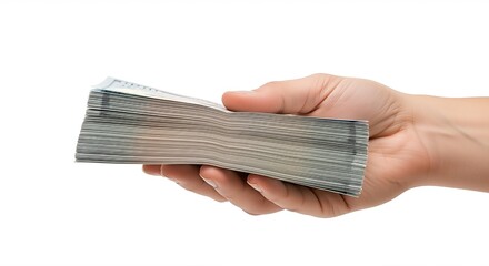 Close-up of a human hand holding a thick stack of US dollar banknotes against a clean white background. Represents finance, wealth, business, and payment.