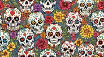 Vibrant floral sugar skulls pattern celebration of d?a de los muertos traditions and remembrance