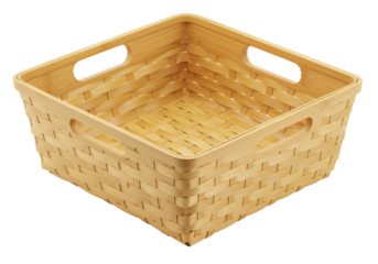 Isolated square wicker basket with handles for storage solutions and organizing household items