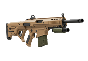 Isolated Tan Assault Rifle with Tactical Optics Ready for Action on the Battlefield