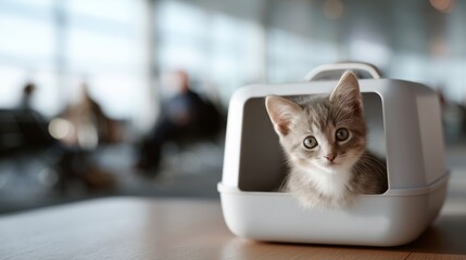Cute kitten in a carrier looking around in a busy airport terminal during the day