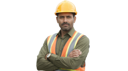 A serious male construction worker or engineer in a yellow hard hat and reflective vest stands with crossed arms, looking directly ahead. background removed