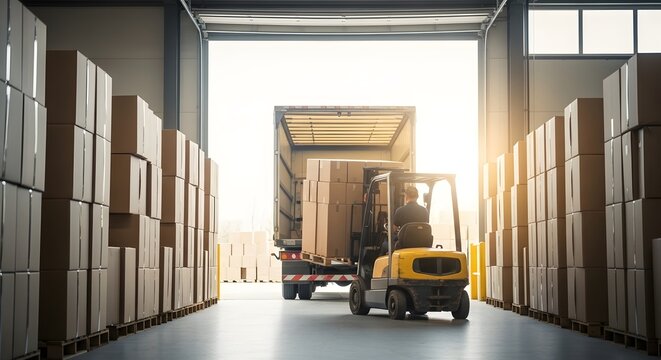 Man forklift operator loading cardboard box from warehouse to truck. Industrial delivery process at logistics center. Distribution and supply chain concept. - Powered by Adobe