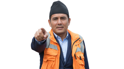 A man in an orange safety vest, blue suit, and black traditional cap points directly at the viewer with a serious expression. background removed