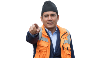 A man in an orange safety vest, blue suit, and black traditional cap points directly at the viewer with a serious expression. background removed