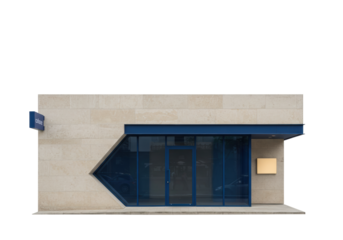 Isolated beige storefront with blue frame and doorway for advertisement or branding