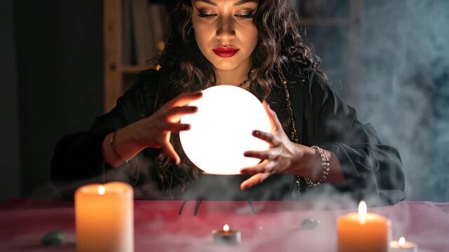 Fortune teller woman with hands over a glowing crystal ball in a dark, mystical room.