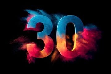 Colorful Explosion of Powder Around the Number Thirty in Black Background