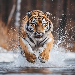 Naklejka premium Majestic Siberian Tiger Leaping Through Water in Winter Powerful Feline Against Snowy Backdrop Displaying Strength and Agility in Natural Habitat Wildlife