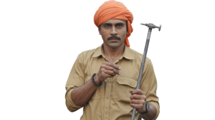 A serious South Asian man in an orange turban and beige shirt, holding a specialized hammer and wire, against a transparent background. background removed