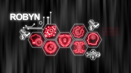 ROBYN digital technology infographic with glowing red icons and data streams on a dark blurred background - Powered by Adobe