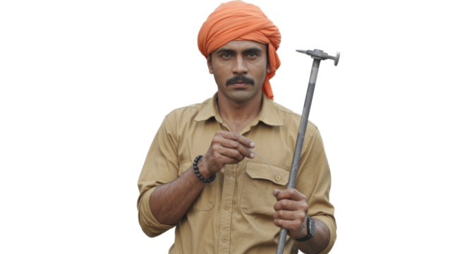 A serious South Asian man in an orange turban and beige shirt, holding a specialized hammer and wire, against a transparent background. background removed