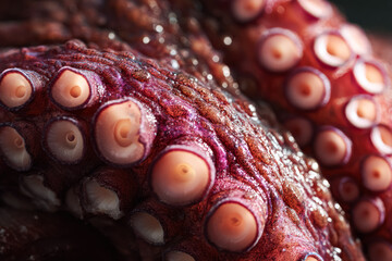 Detailed close-up of an octopus tentacle, highlighting its unique textures and colors, capturing the essence of underwater beauty and marine life