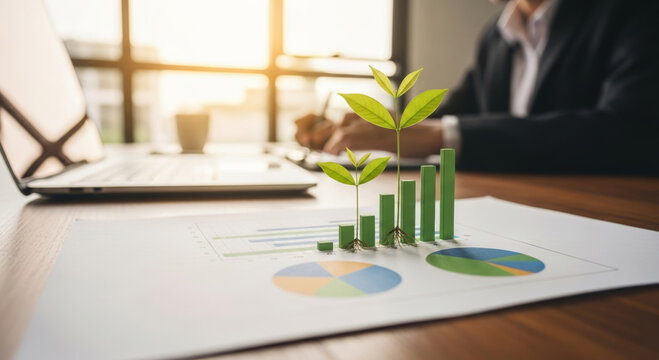 Young plant chart growth circular economy initiative inspiring green business progress report with businessman in background