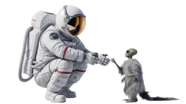 Astronaut in spacesuit gently extends hands towards a small, furry alien with large eyes, symbolizing peaceful first contact. background removed