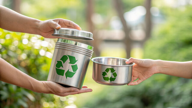 Recyclable stainless container held by two hands promotes circular economy initiative encouraging reuse and environmental care in green outdoor setting with soft natural light