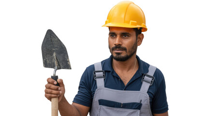 A focused male worker wearing a yellow hard hat and grey overalls, holding a hand shovel, against a transparent transparent background. background removed