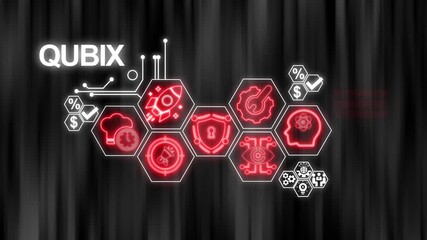 QUBIX digital technology infographic with glowing red icons and data streams on a dark blurred background - Powered by Adobe