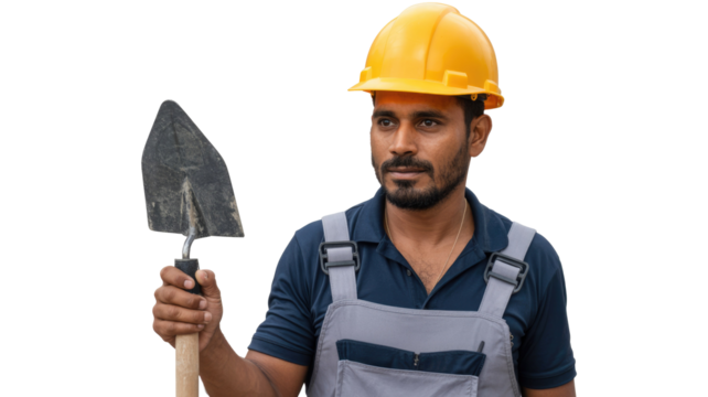A focused male worker wearing a yellow hard hat and grey overalls, holding a hand shovel, against a transparent transparent background. background removed