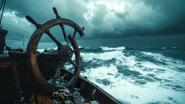 Broken wooden ship's wheel on a deck during a violent storm with crashing waves.