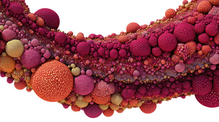 Abstract fractal ribbon with textured red, orange, yellow spheres