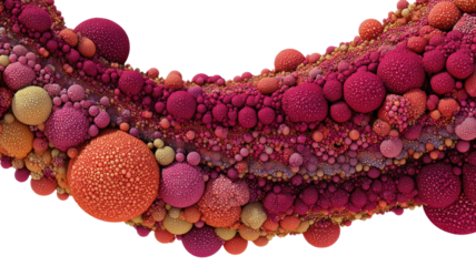 Abstract fractal ribbon with textured red, orange, yellow spheres