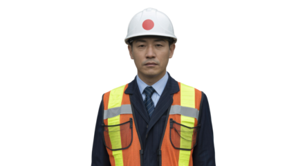 A serious Asian man in a white hard hat with a Japanese flag symbol, suit, and orange high-visibility safety vest. background removed
