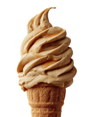 Swirled caramel ice cream cone with drizzle, isolated