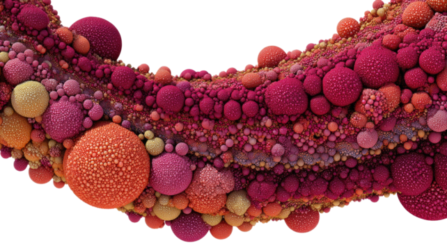 Abstract fractal ribbon with textured red, orange, yellow spheres