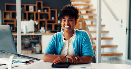 Marketing, portrait and black woman in agency with laptop, data analysis and pride in brand strategy. Happy, confidence and analyst in office with graphs, about us and experience as trend specialist.