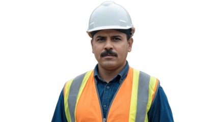 Portrait of a serious construction worker in a white hard hat, reflective safety vest, and blue shirt, looking directly at the camera. background removed