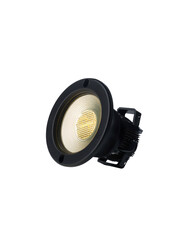 Outdoor spotlight with round fixture, matte black finish on dark background
