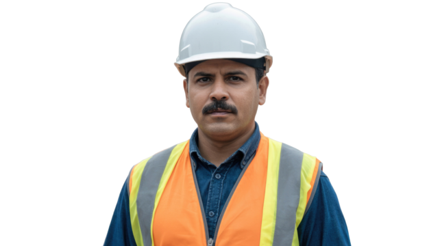 Portrait of a serious construction worker in a white hard hat, reflective safety vest, and blue shirt, looking directly at the camera. background removed